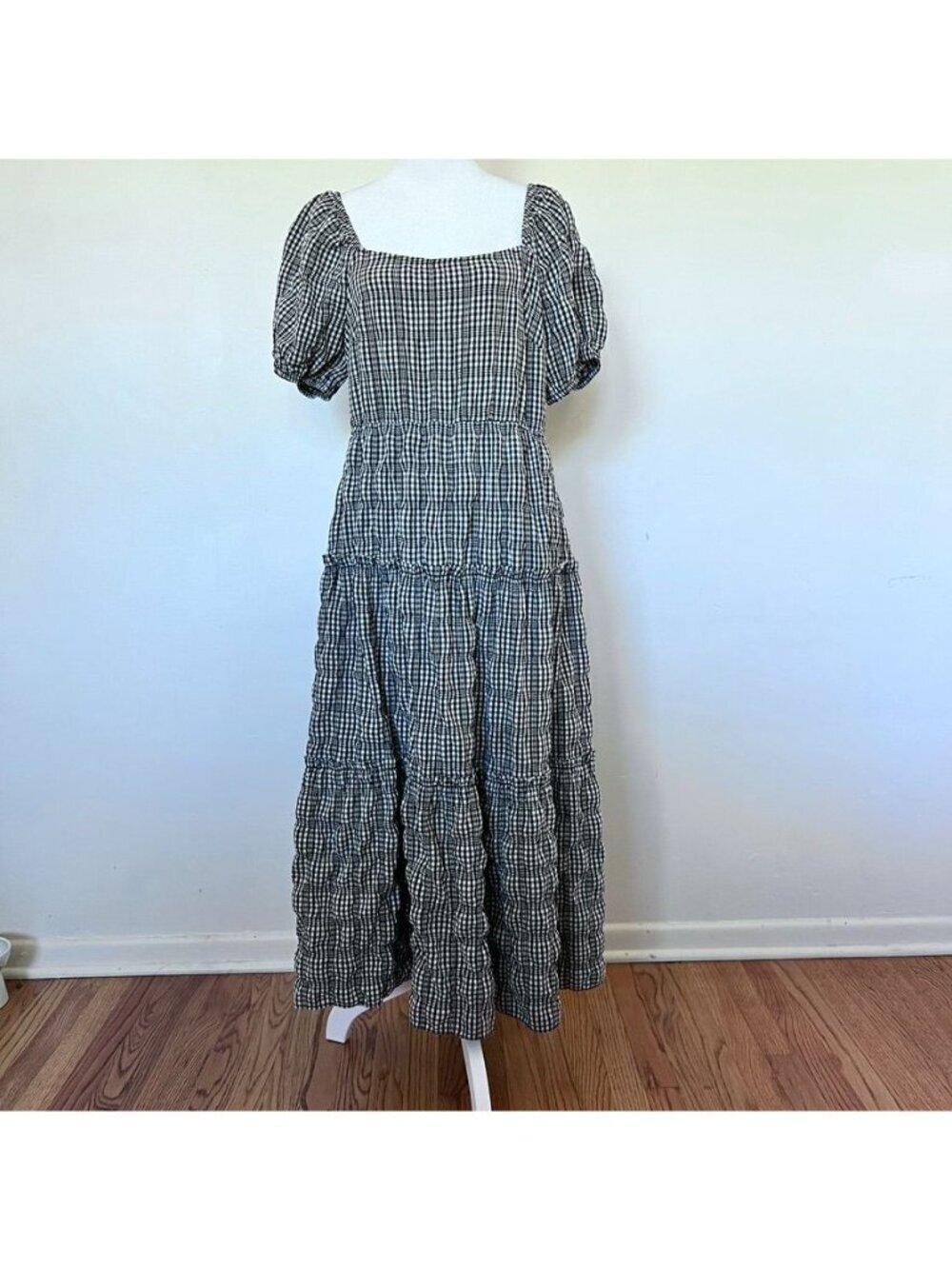 Coquette Womens 12 B&W Gingham Tiered Maxi Dress Cottagecore Milkmaid Feminine - Picture 2 of 15